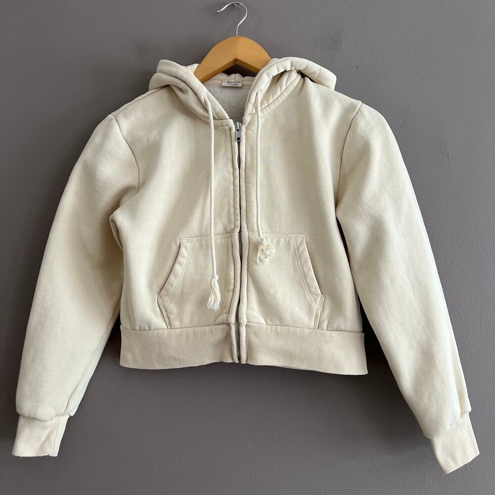 Brandy Melville John Galt Crystal Zip Up Hoodie Cream Cropped One Size